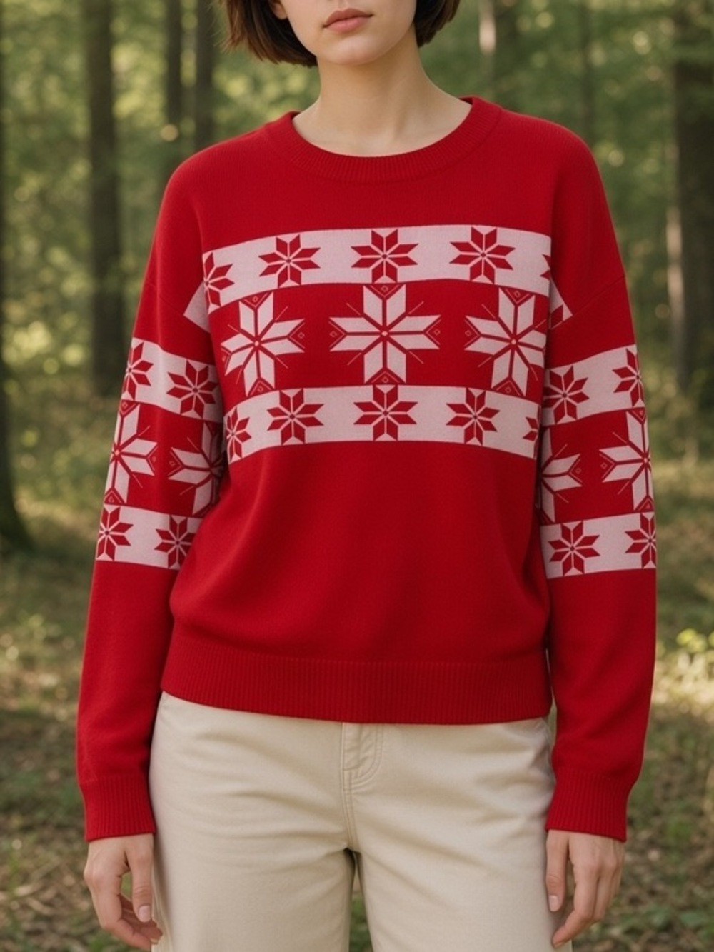 Red and White Snowflake Crewneck Long Sleeve Fair Isle Knit Sweater Size Med NWT